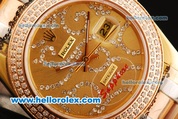 Rolex Datejust Automatic Movement Gold Case with Double Row Diamond Bezel - Champagne Dial and Two Tone Strap - Click Image to Close